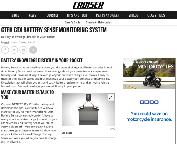 CTEK CTX BATTERY SENSE MONITORING SYSTEM via MotorcycleCruiser.com